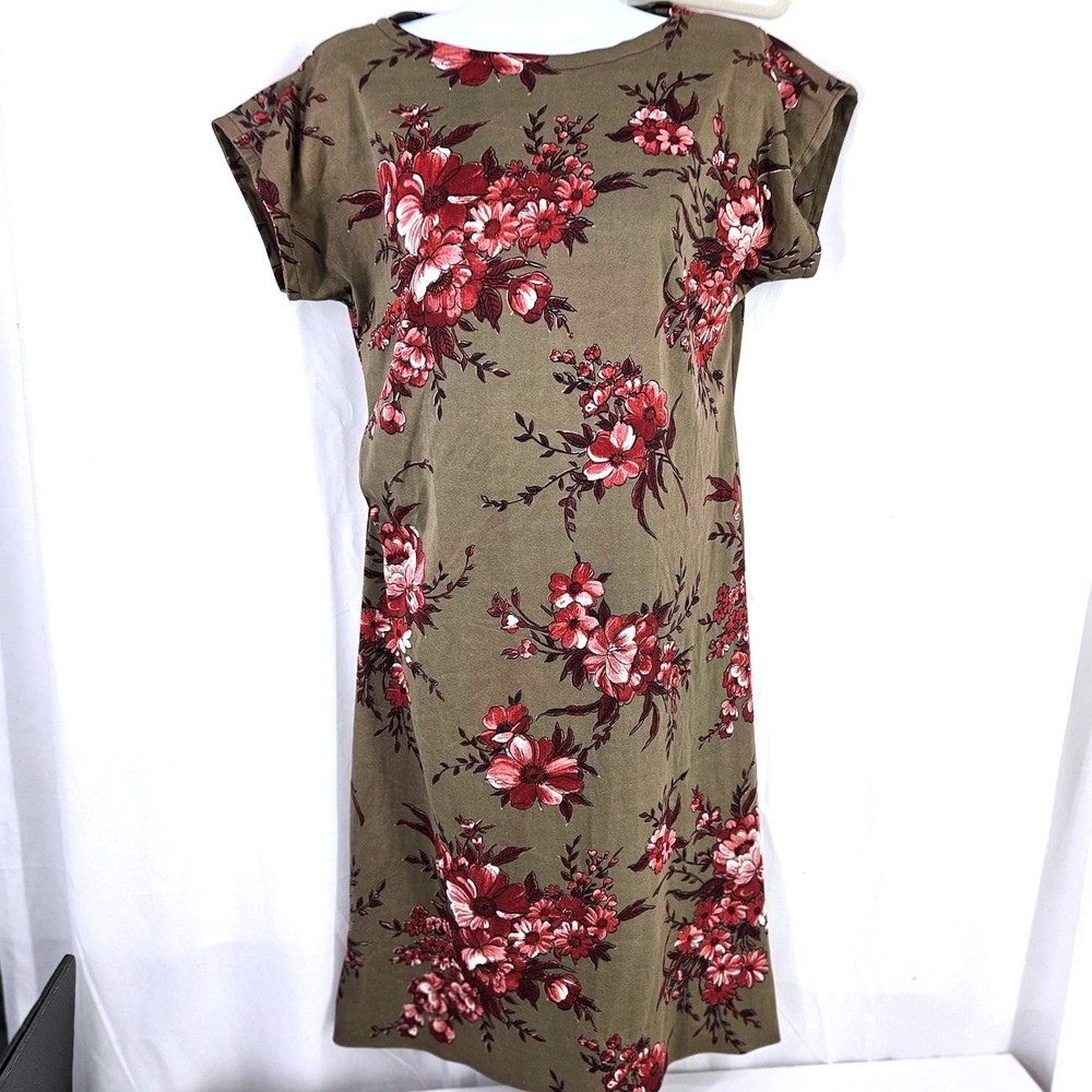 Handmade Tunic Womens Green Pink Burgundy Floral Short Sleeve Midi Dress XS/S